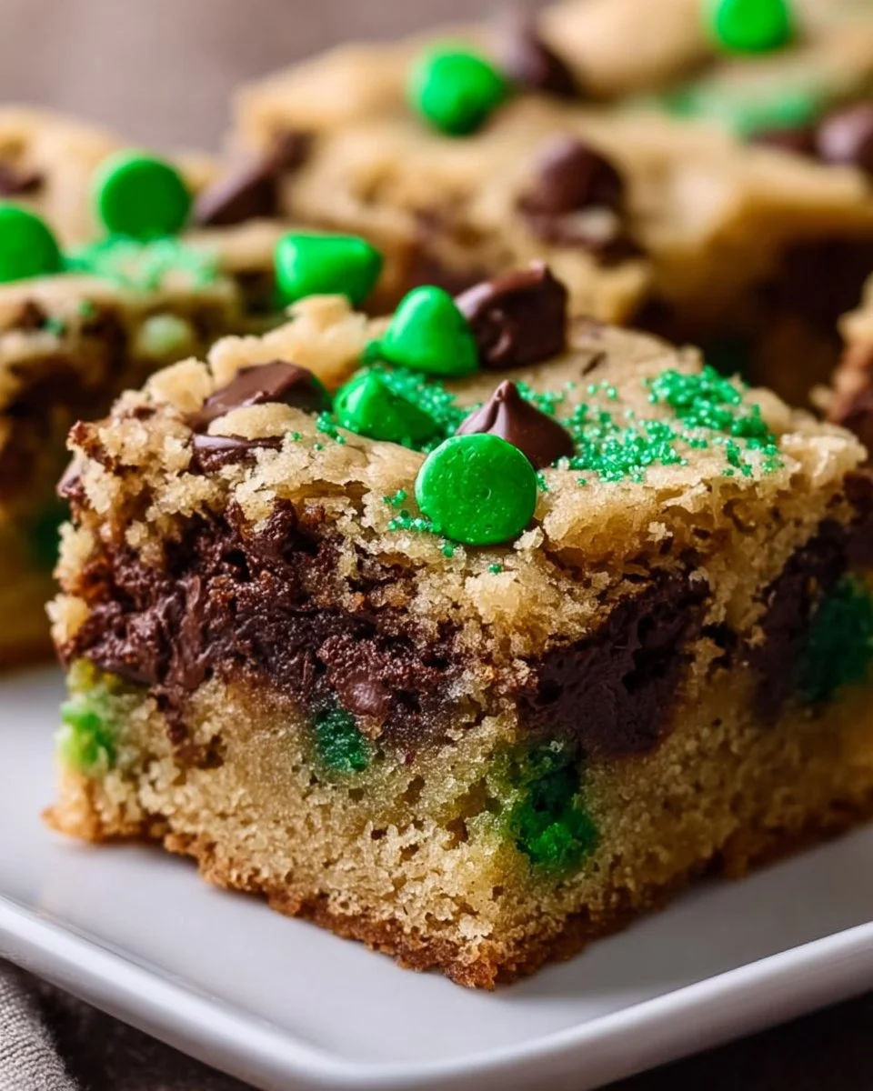St. Patrick's Day themed chocolate chip cookie bars on a festive table.