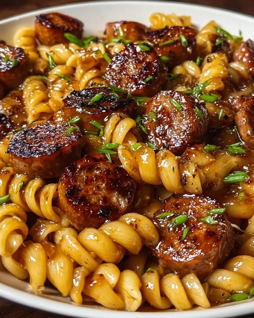 Delicious sticky honey garlic sausage pasta skillet dish garnished with herbs