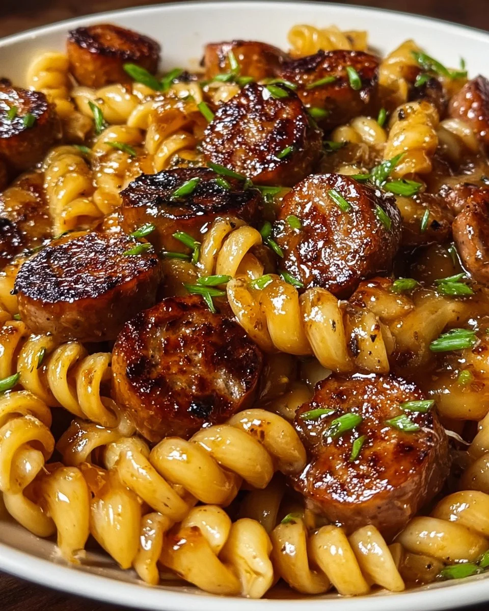 Delicious sticky honey garlic sausage pasta skillet dish garnished with herbs