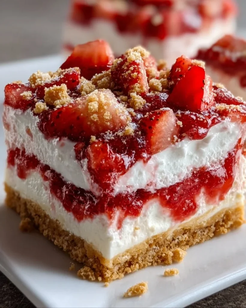 Homemade strawberry crunch bars with a crunchy topping and fresh strawberries
