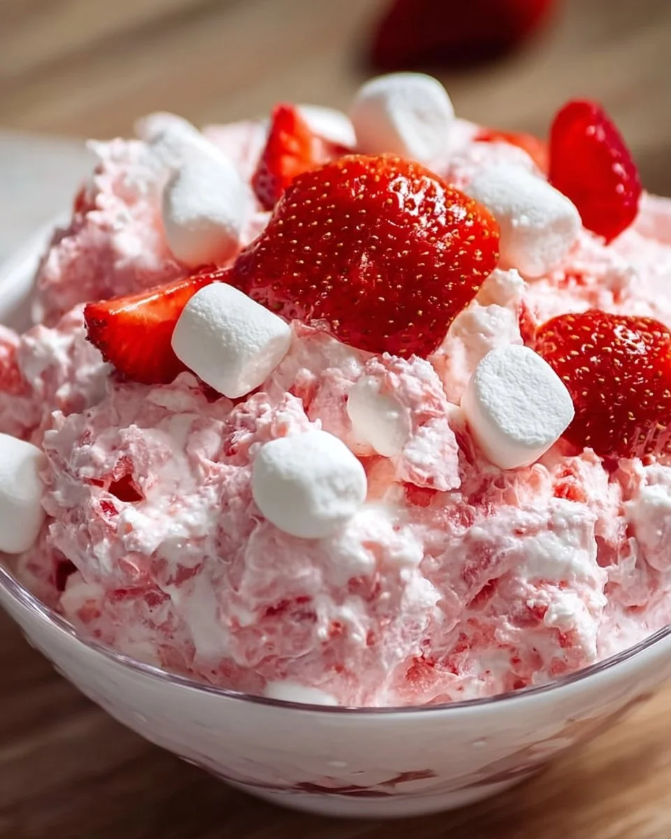 Delicious Strawberry Fluff Salad in a bowl with whipped cream and strawberries