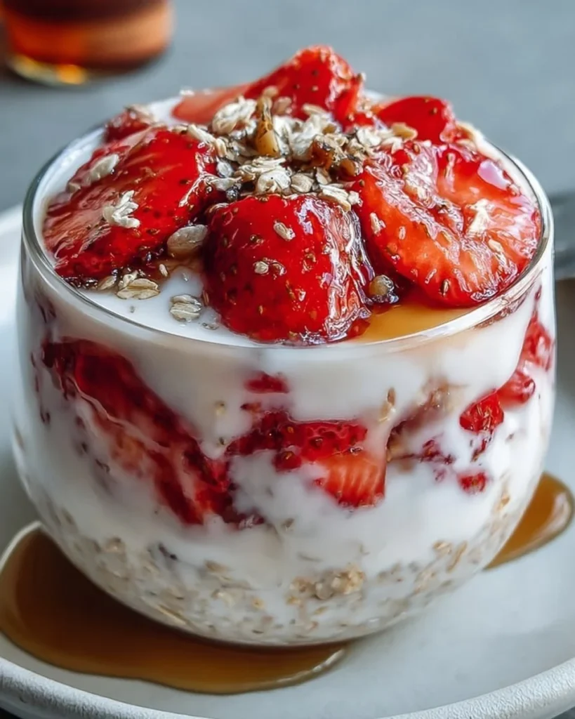 Bowl of strawberry overnight oats topped with fresh strawberries and mint