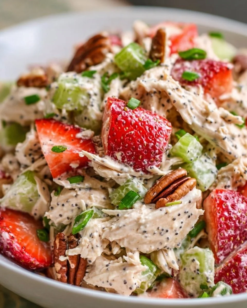 Delicious Strawberry Pecan Poppy Seed Chicken Salad in a bowl