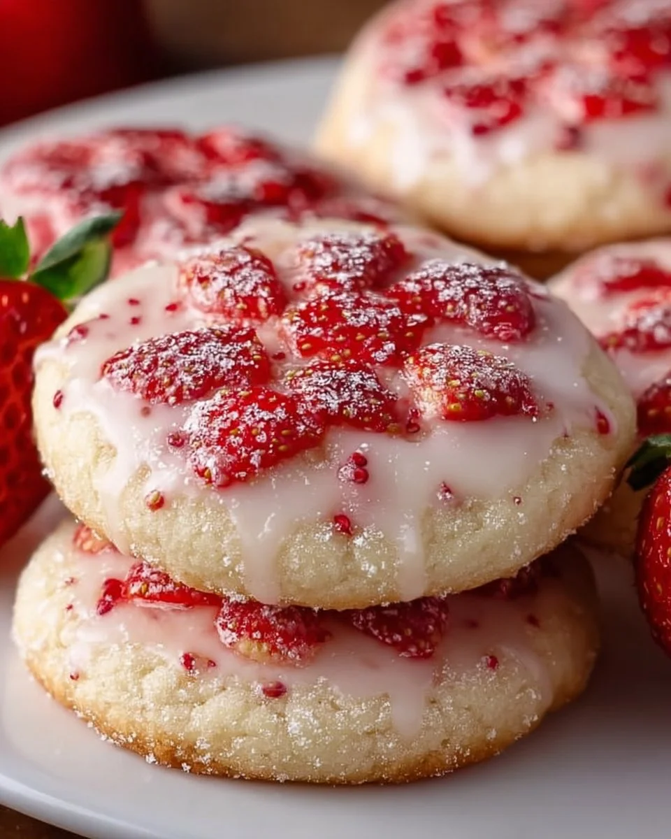 Freshly baked strawberry shortbread cookies on a plate