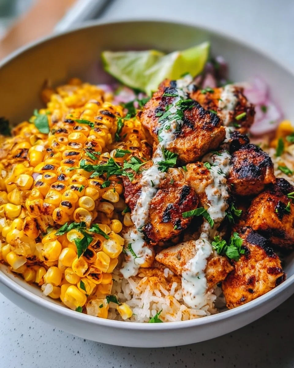 Delicious Street Corn Chicken Rice Bowl garnished with fresh herbs and spices