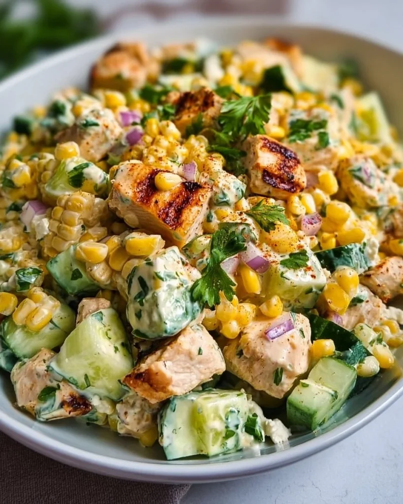Delicious street corn creamy cucumber chicken salad served in a bowl.