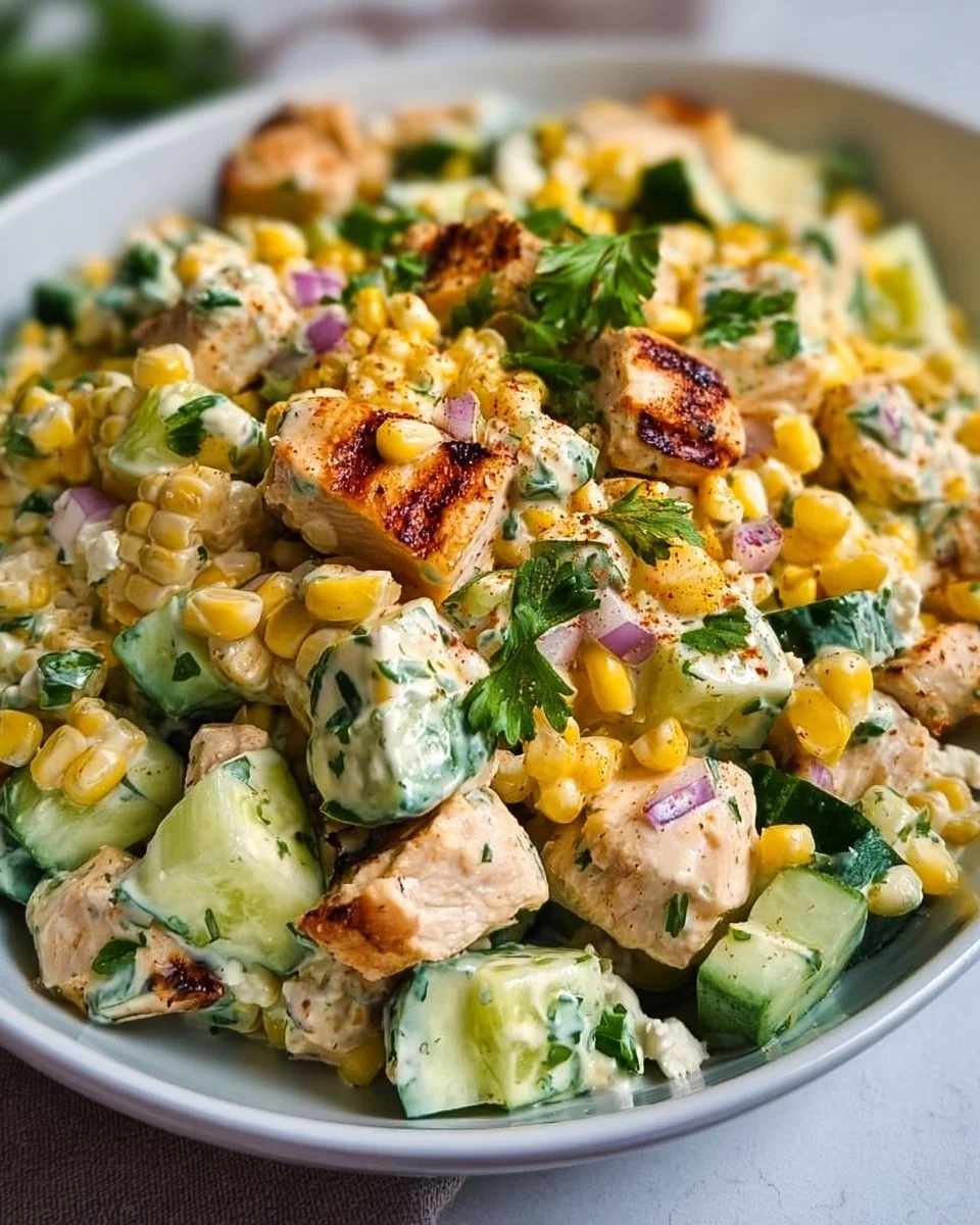 Delicious street corn creamy cucumber chicken salad served in a bowl.