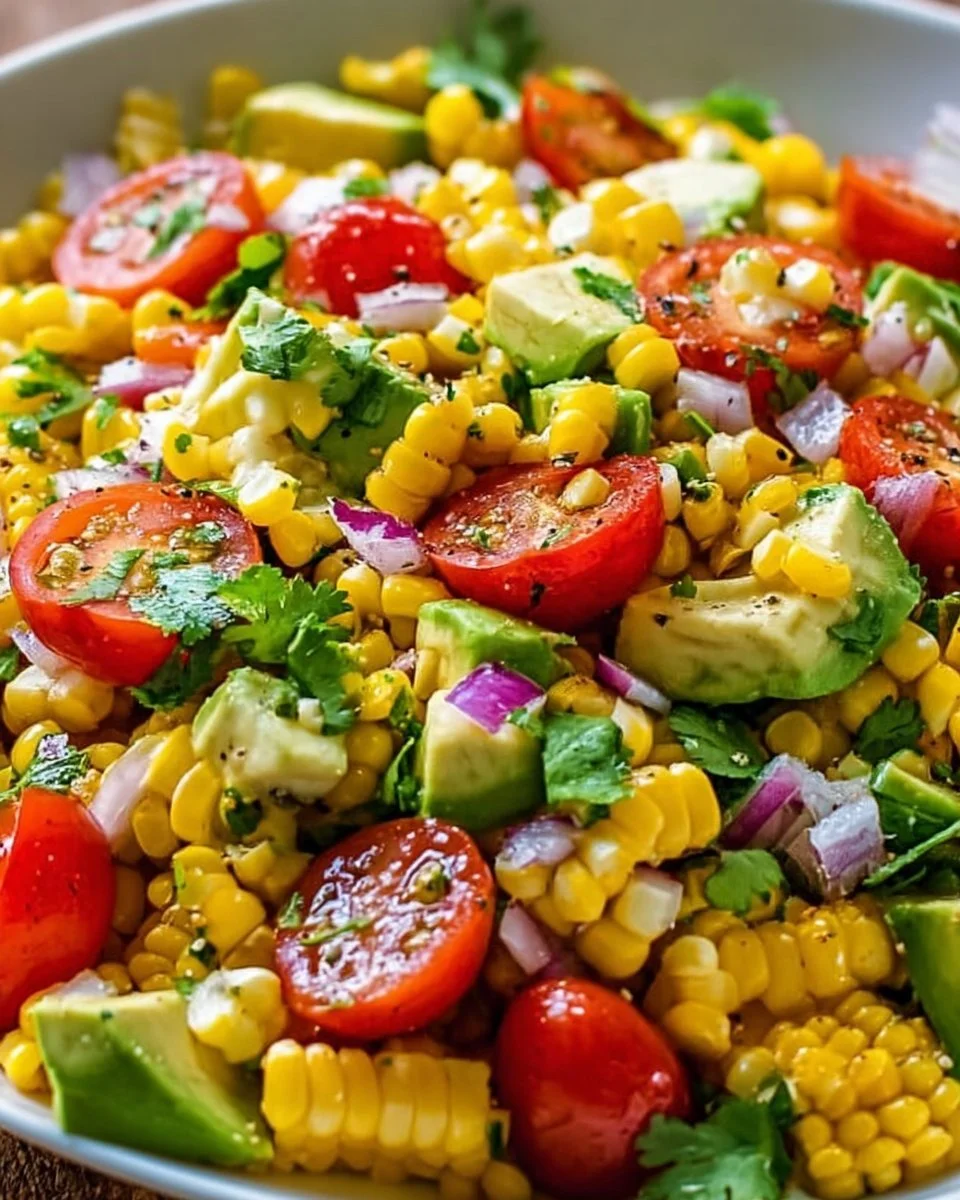 Delicious summer corn salad with avocado, fresh vegetables, and herbs
