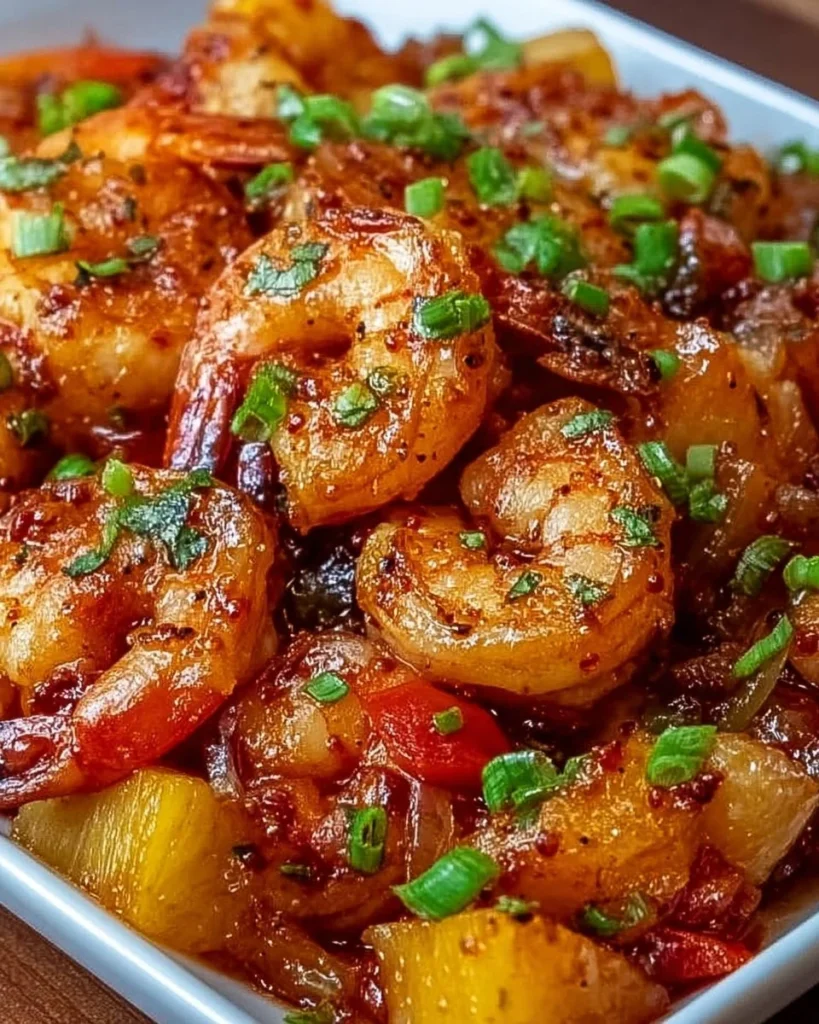 Plate of Sweet Chili Pineapple Shrimp served with rice and garnished with herbs