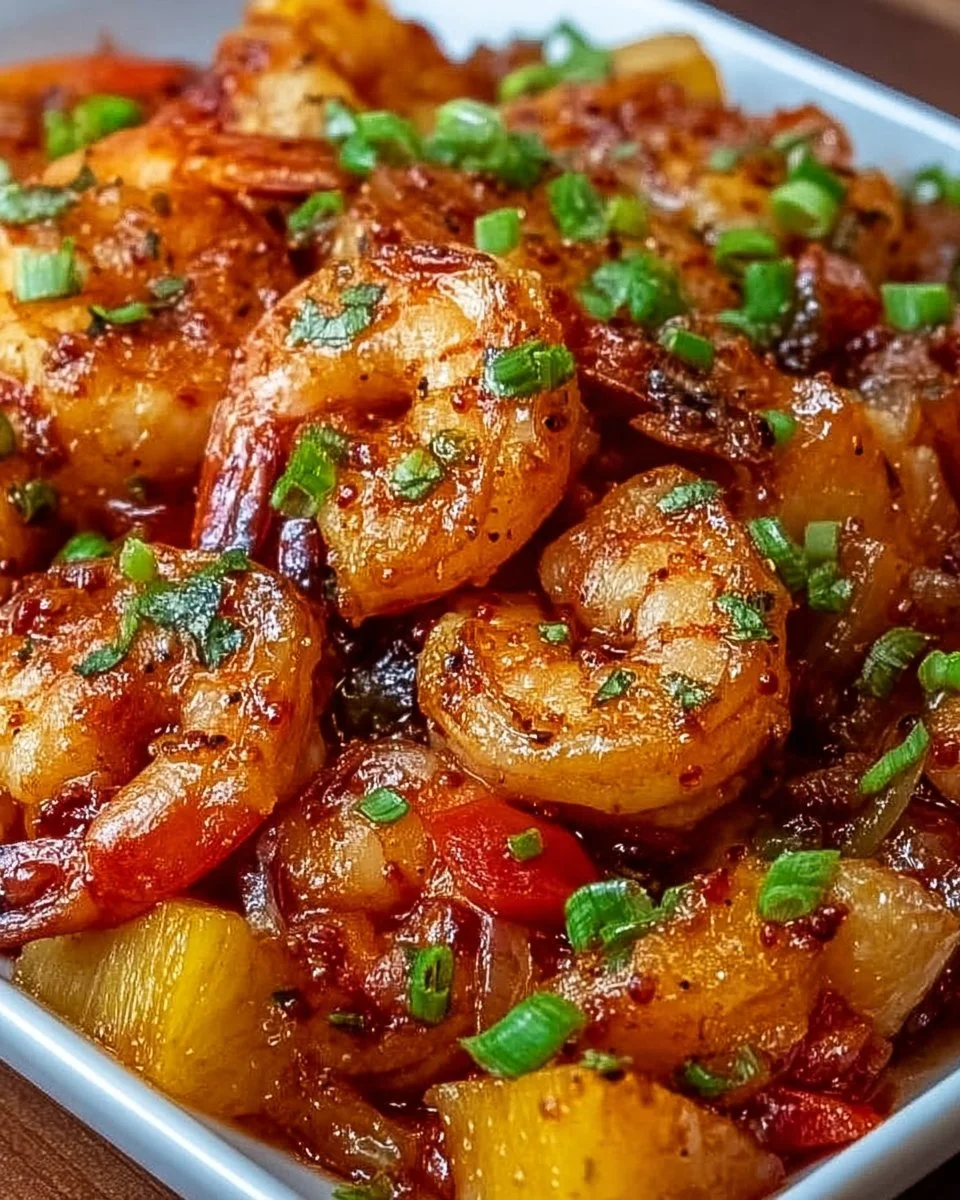 Plate of Sweet Chili Pineapple Shrimp served with rice and garnished with herbs