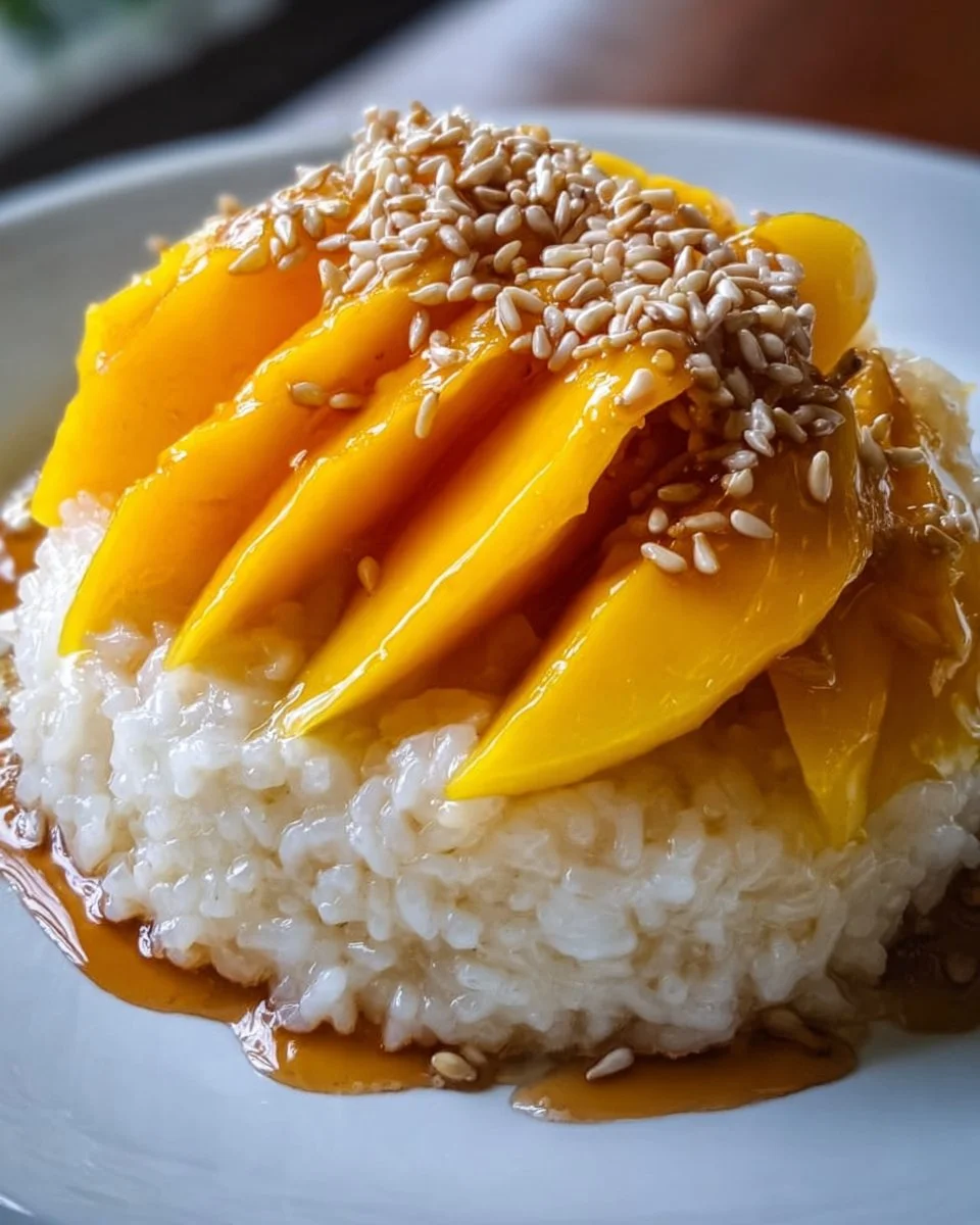 Delicious serving of mango sticky rice topped with coconut sauce and fresh mango slices