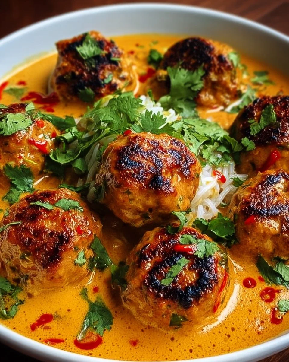 Thai Chicken Meatballs in Coconut Curry served with fresh herbs