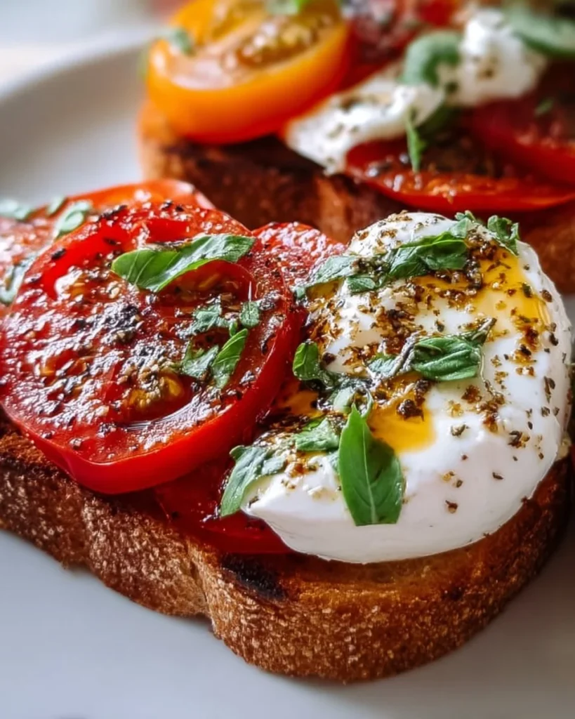 Delicious Tomato Burrata Toast with fresh tomatoes and creamy burrata on golden bread