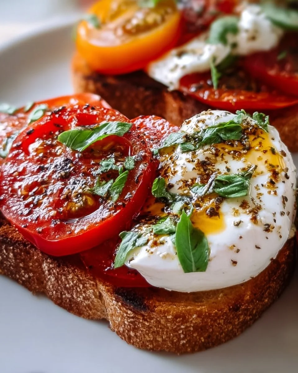 Delicious Tomato Burrata Toast with fresh tomatoes and creamy burrata on golden bread