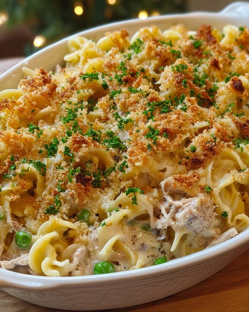 Delicious homemade tuna noodle casserole served in a baking dish