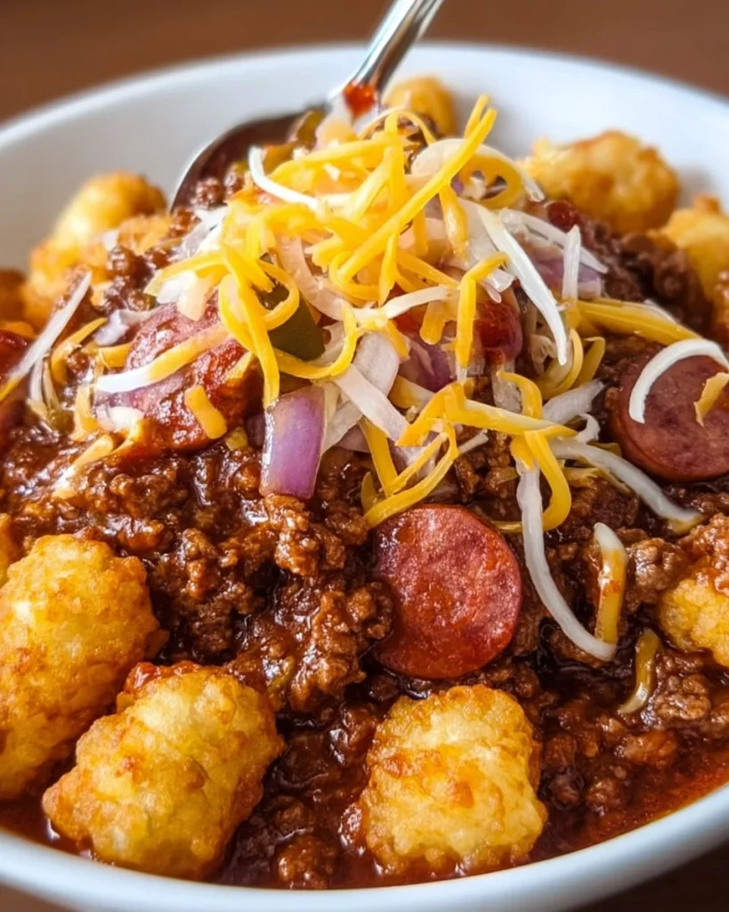 Delicious Crockpot Chili Dog Casserole served in a bowl topped with cheese