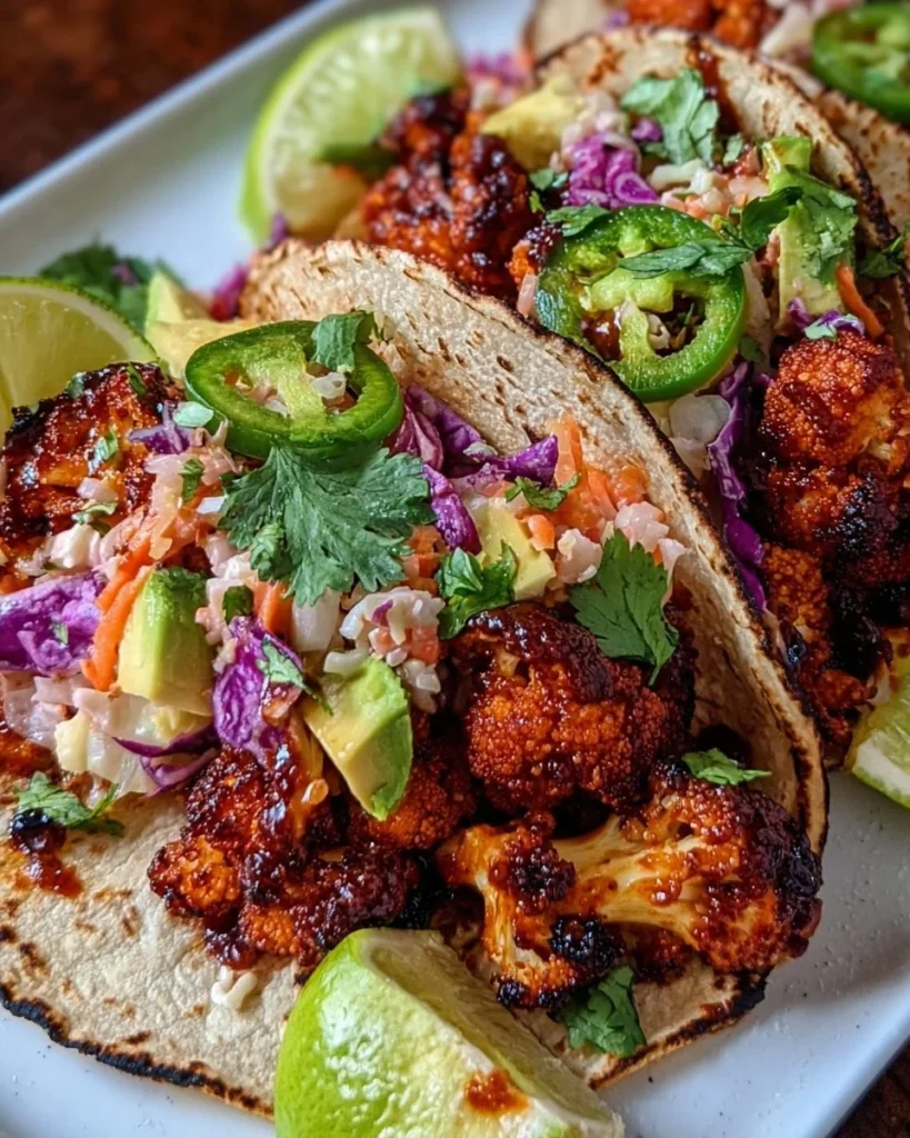 Vegan smoky BBQ cauliflower tacos on a plate with fresh toppings
