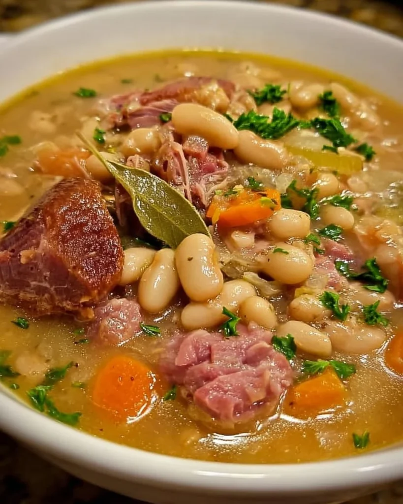 Bowl of white bean and ham hock soup garnished with herbs.