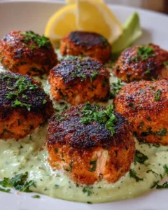 Baked salmon meatballs served with creamy avocado sauce on a plate