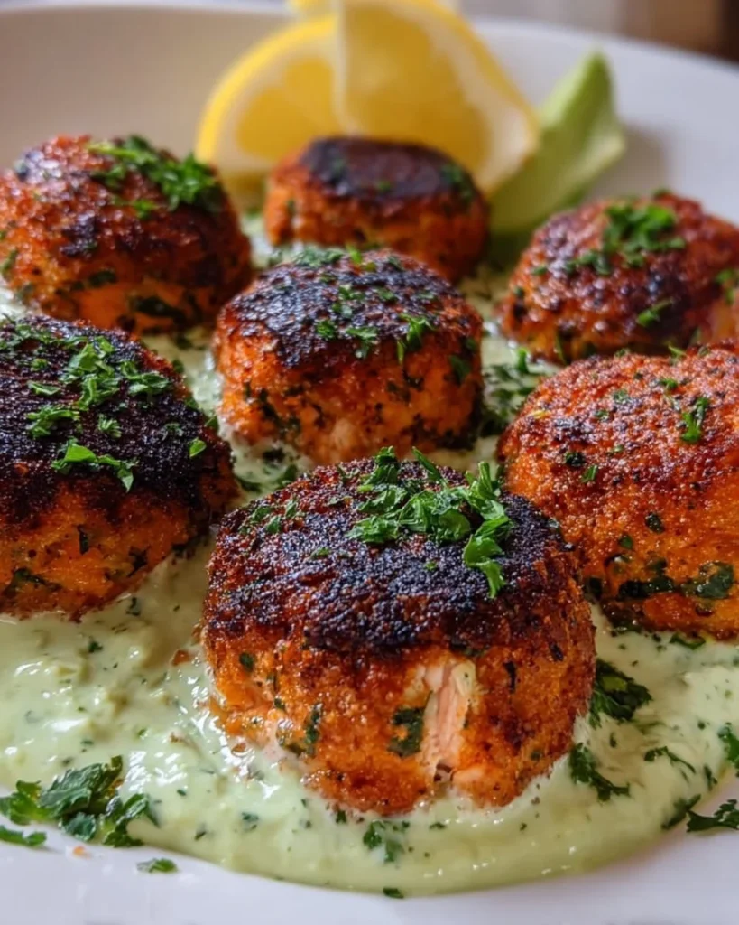 Baked salmon meatballs served with creamy avocado sauce on a plate
