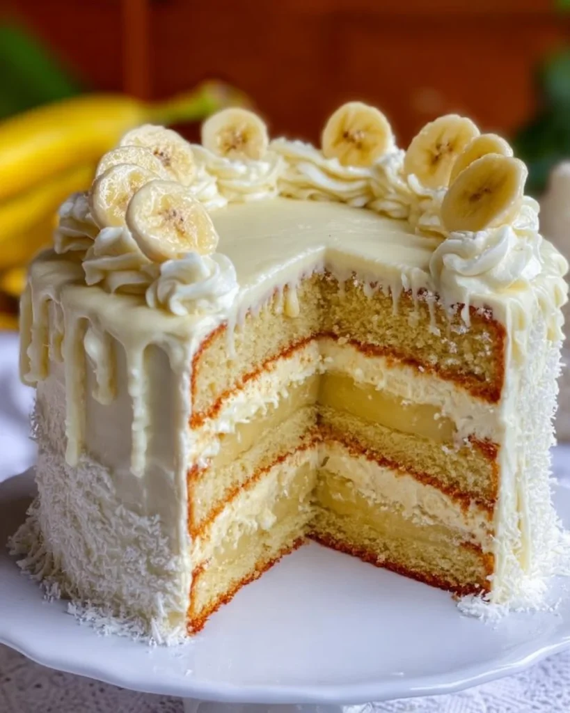 Delicious slice of Banana Cream Cake topped with banana slices and whipped cream