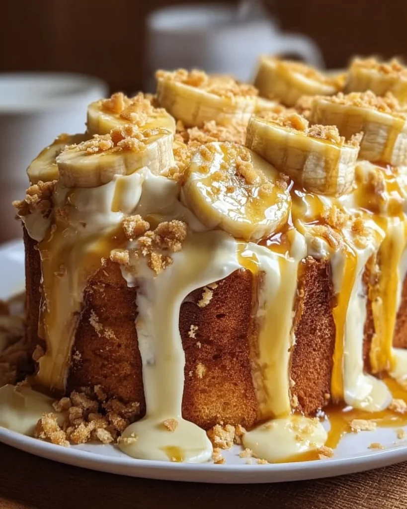 Banana pudding pound cake topped with whipped cream and banana slices