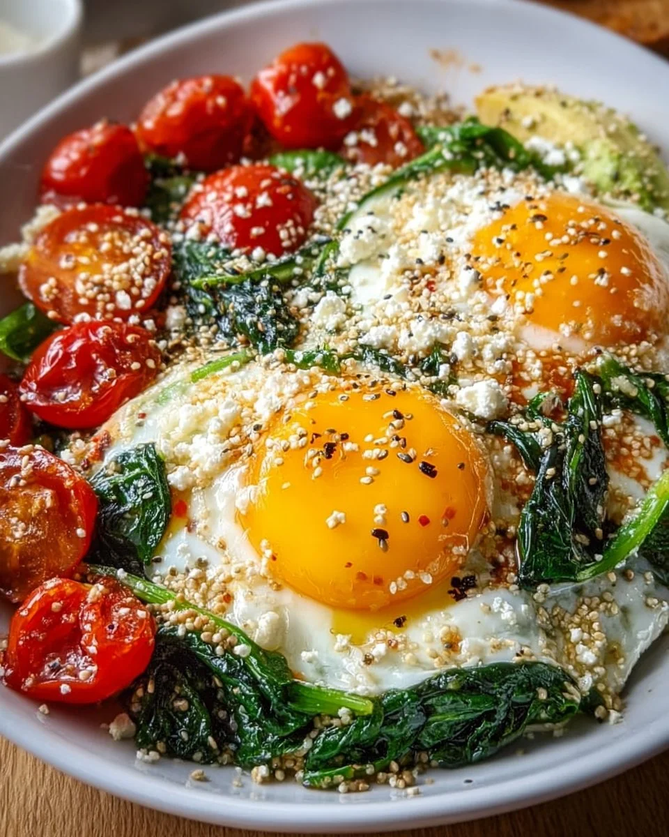Breakfast bowl with egg, spinach, and feta cheese for a healthy meal