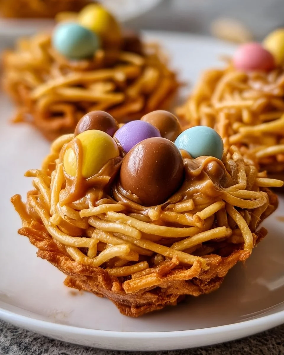 Butterscotch and peanut butter bird nest cookies topped with chocolate eggs