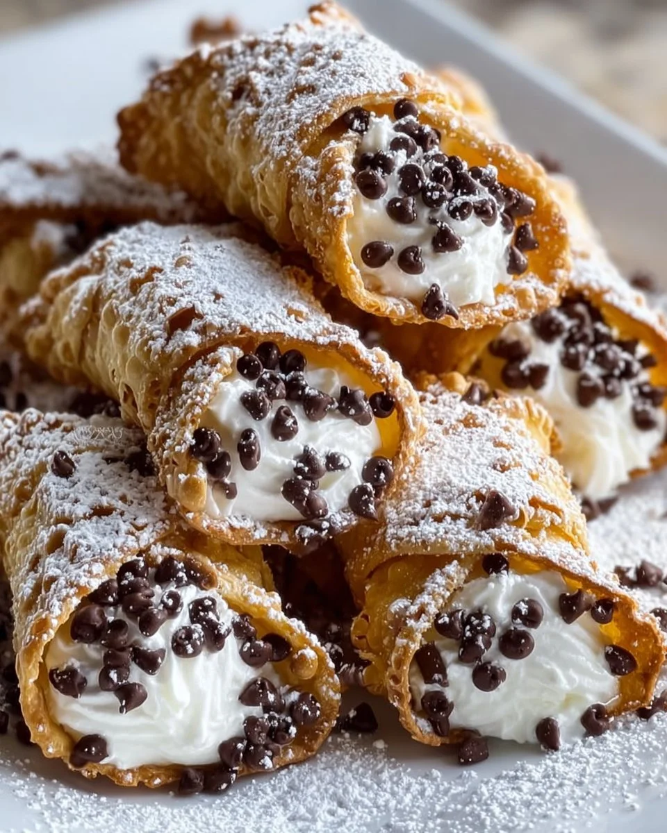 Delicious homemade cannoli cookies topped with chocolate chips and powdered sugar.