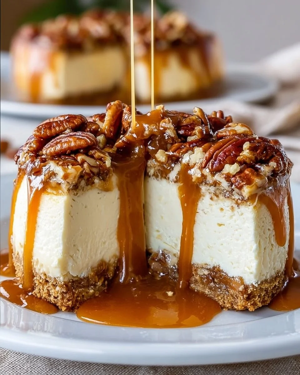 Delicious Caramel Pecan Pie Cheesecake with pecans and caramel drizzle on top.