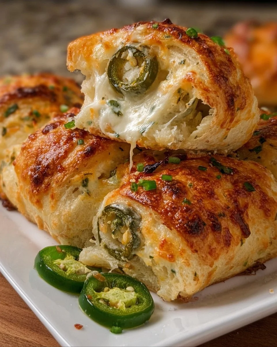 Delicious cheesy jalapeño rolls on a wooden platter