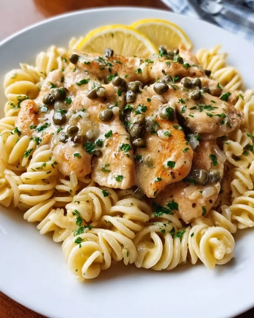 Delicious Chicken Piccata Pasta with lemon, capers, and tender chicken pieces
