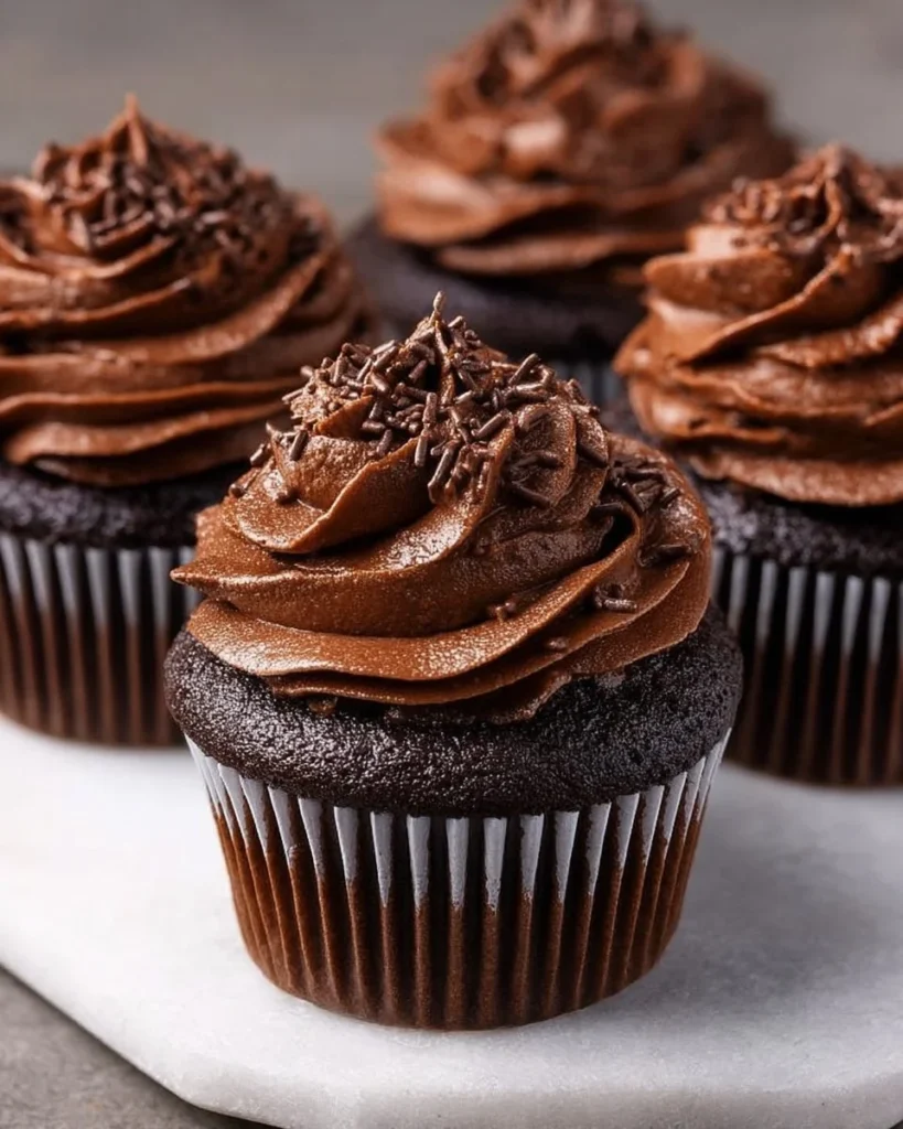 Delicious chocolate cupcakes with creamy frosting on a decorative plate