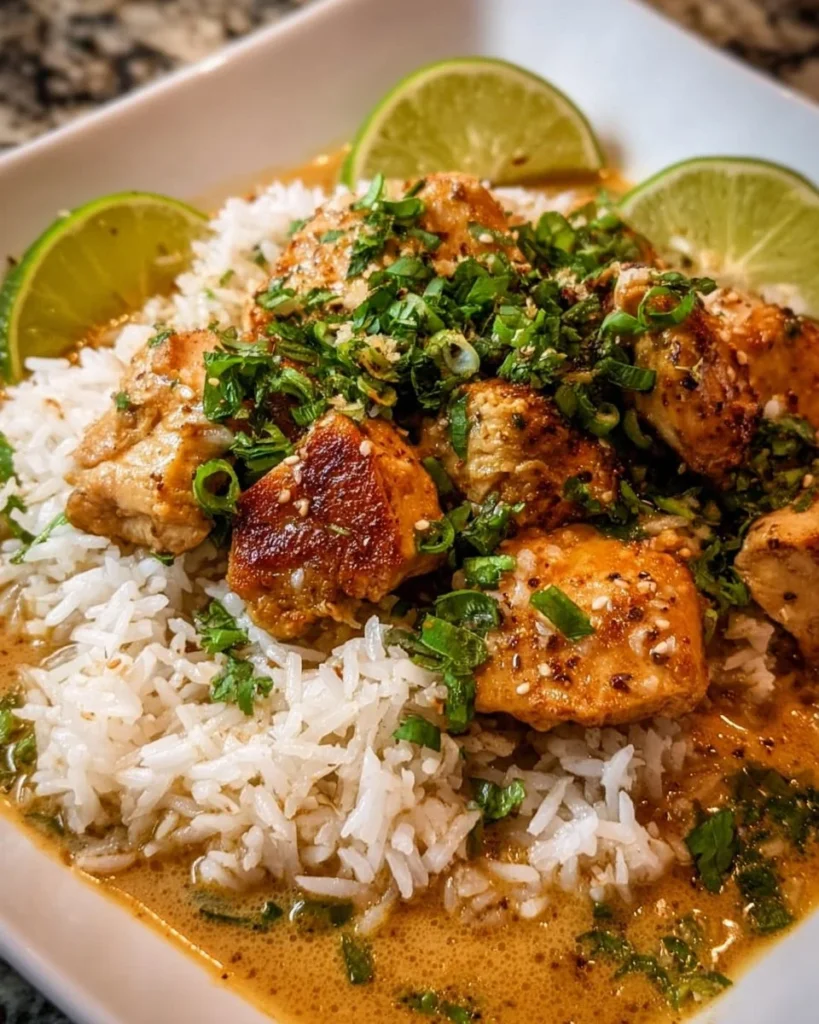 Coconut chicken brothy rice garnished with herbs and spices.