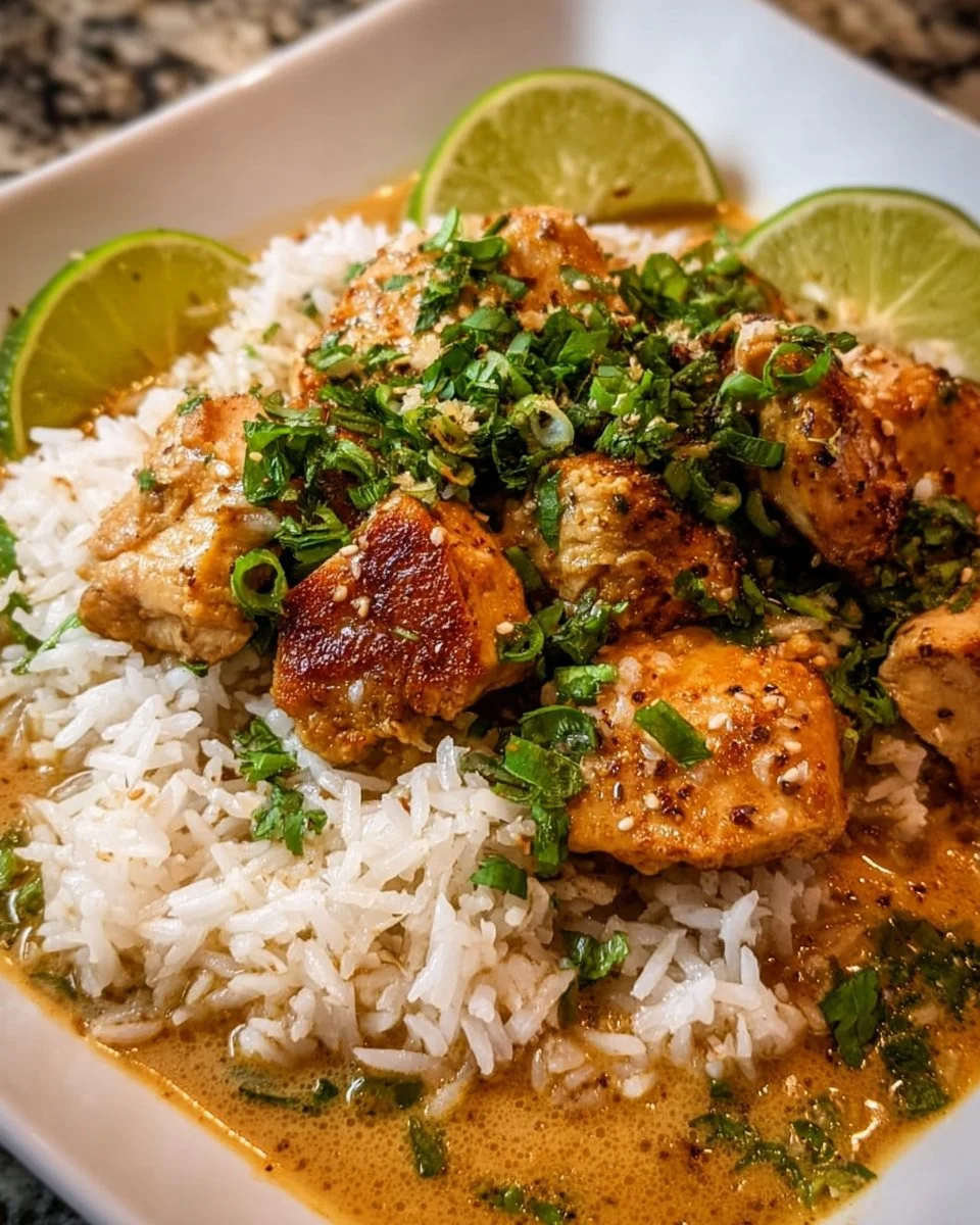 Coconut chicken brothy rice garnished with herbs and spices.