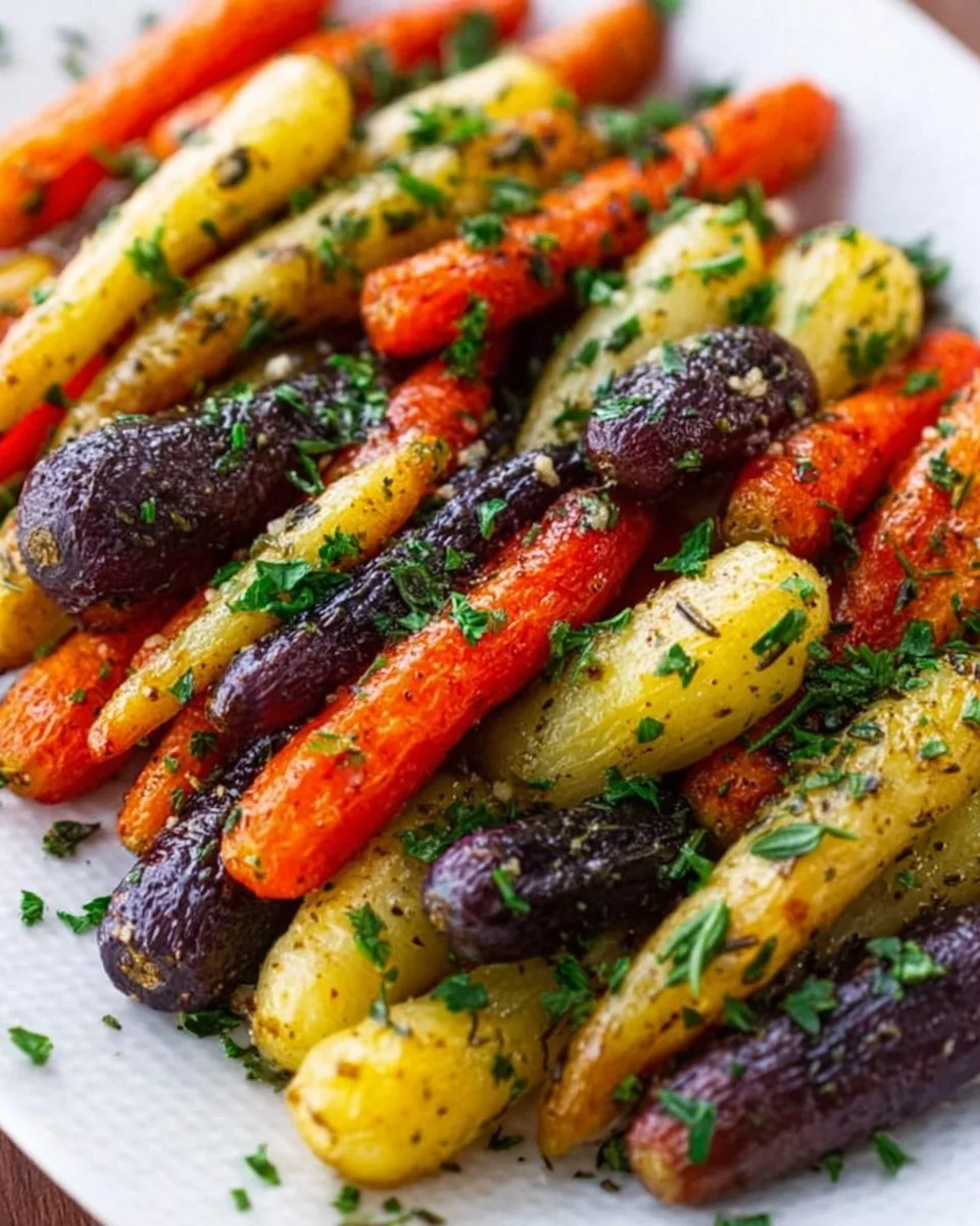 Colorful roasted rainbow carrots seasoned with fresh herbs