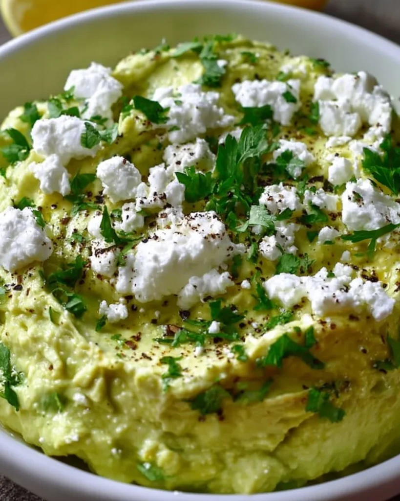 Creamy avocado feta dip served in a bowl with fresh veggies