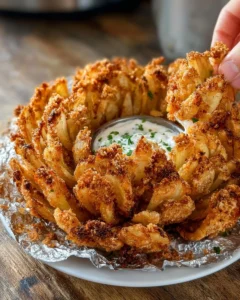 Crispy blooming onion served with dipping sauce