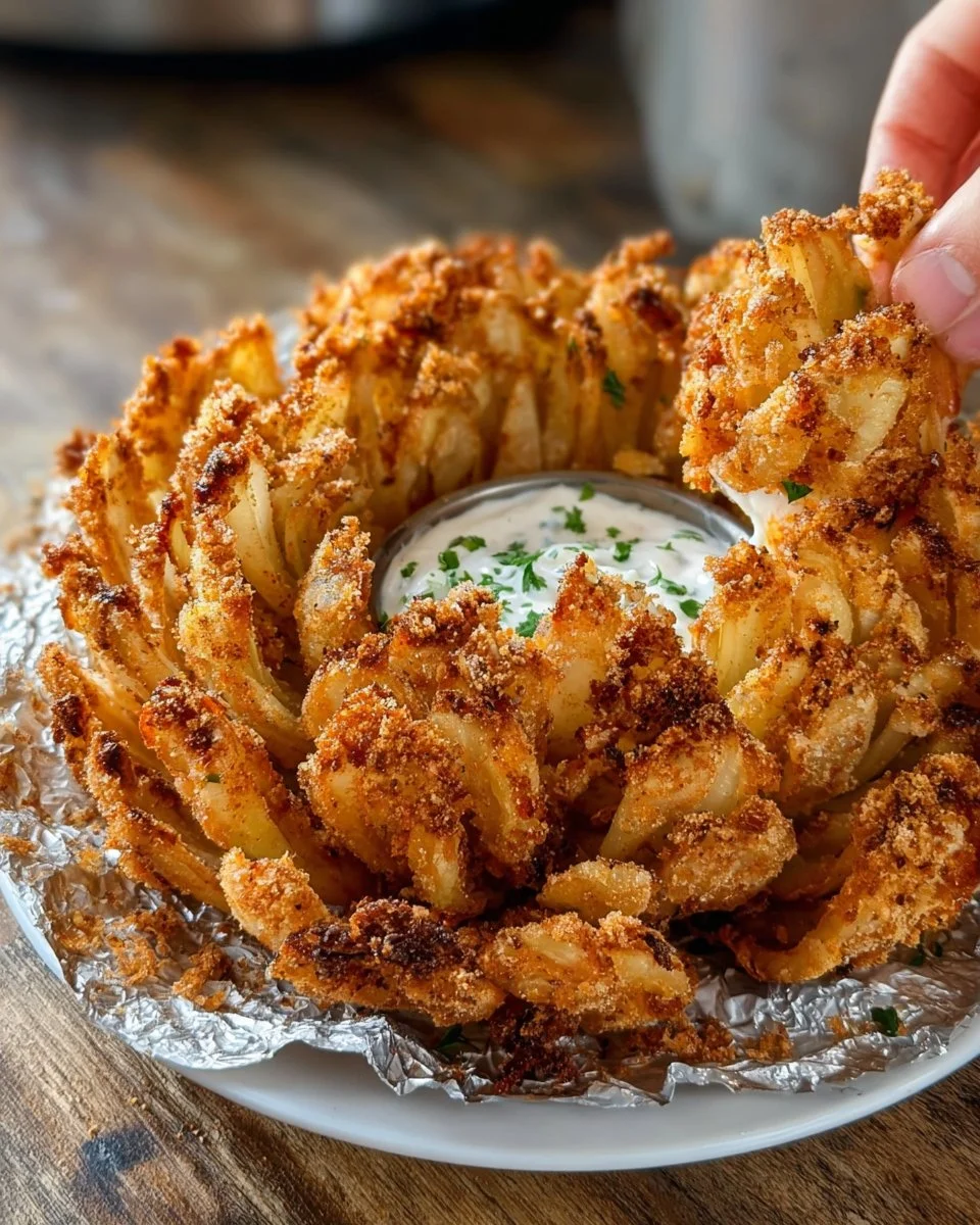 Crispy blooming onion served with dipping sauce