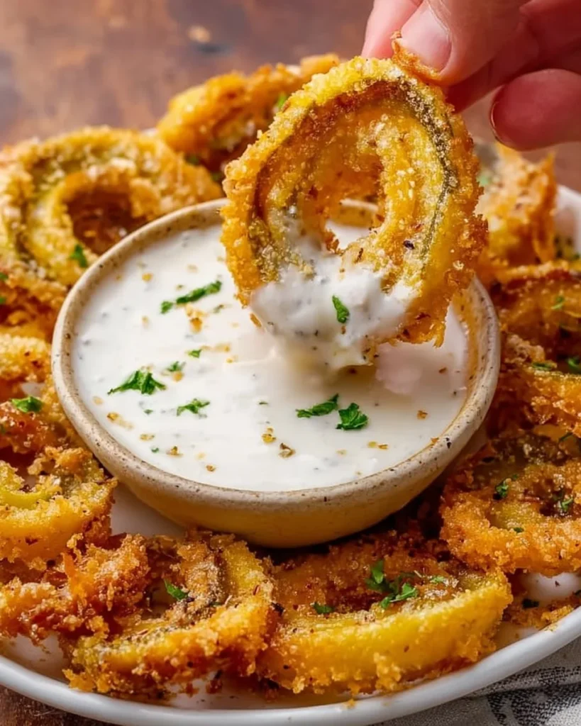 Crispy fried banana peppers served with ranch dip on a platter