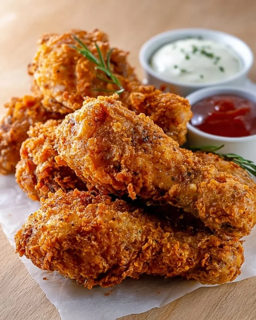 Plate of crispy fried chicken, golden brown and seasoned, ready to be enjoyed.