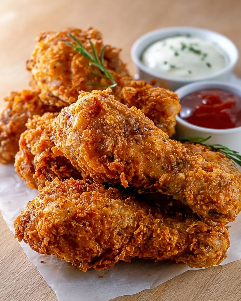 Plate of crispy fried chicken, golden brown and seasoned, ready to be enjoyed.