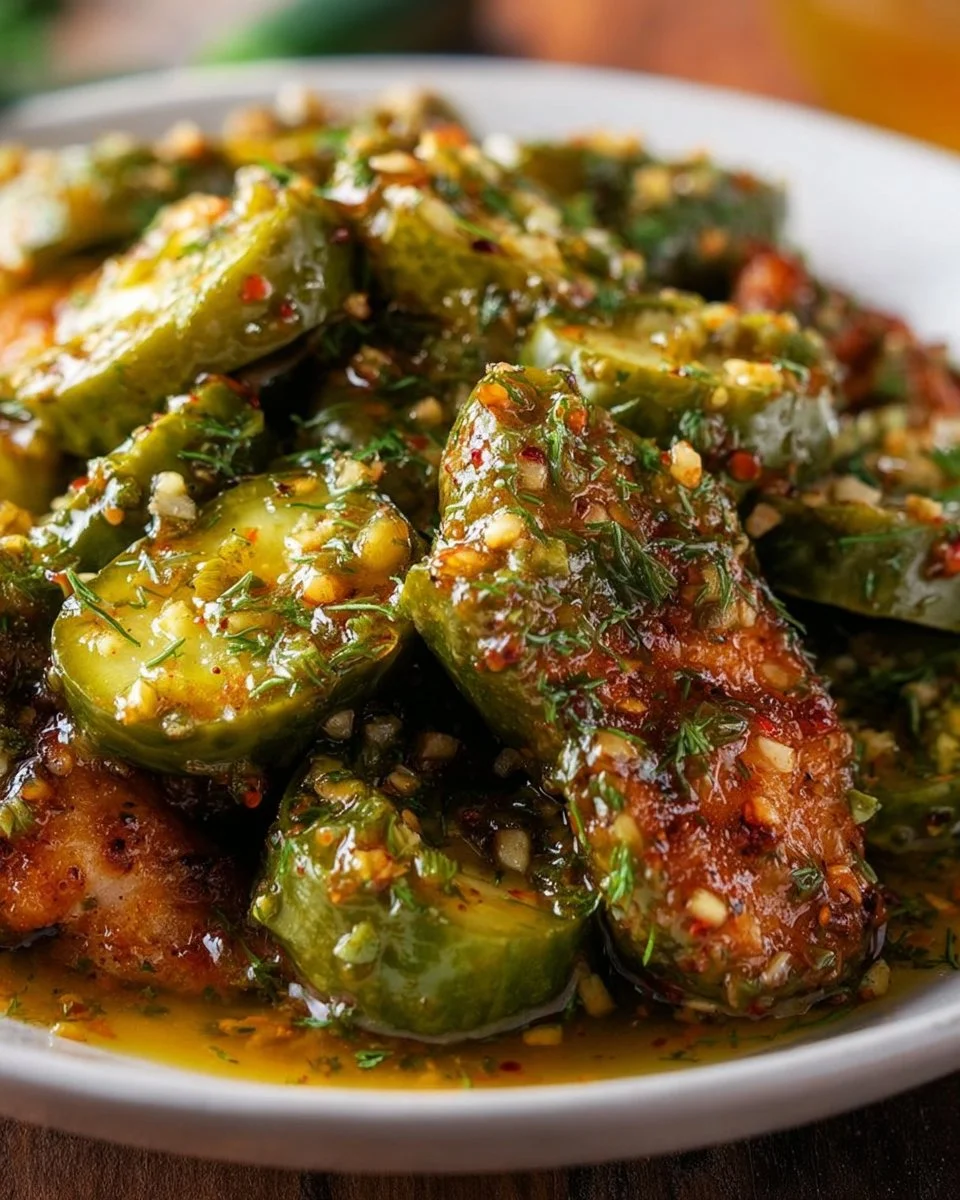 Bottle of dill pickle hot sauce with fresh dill and pickles in the background