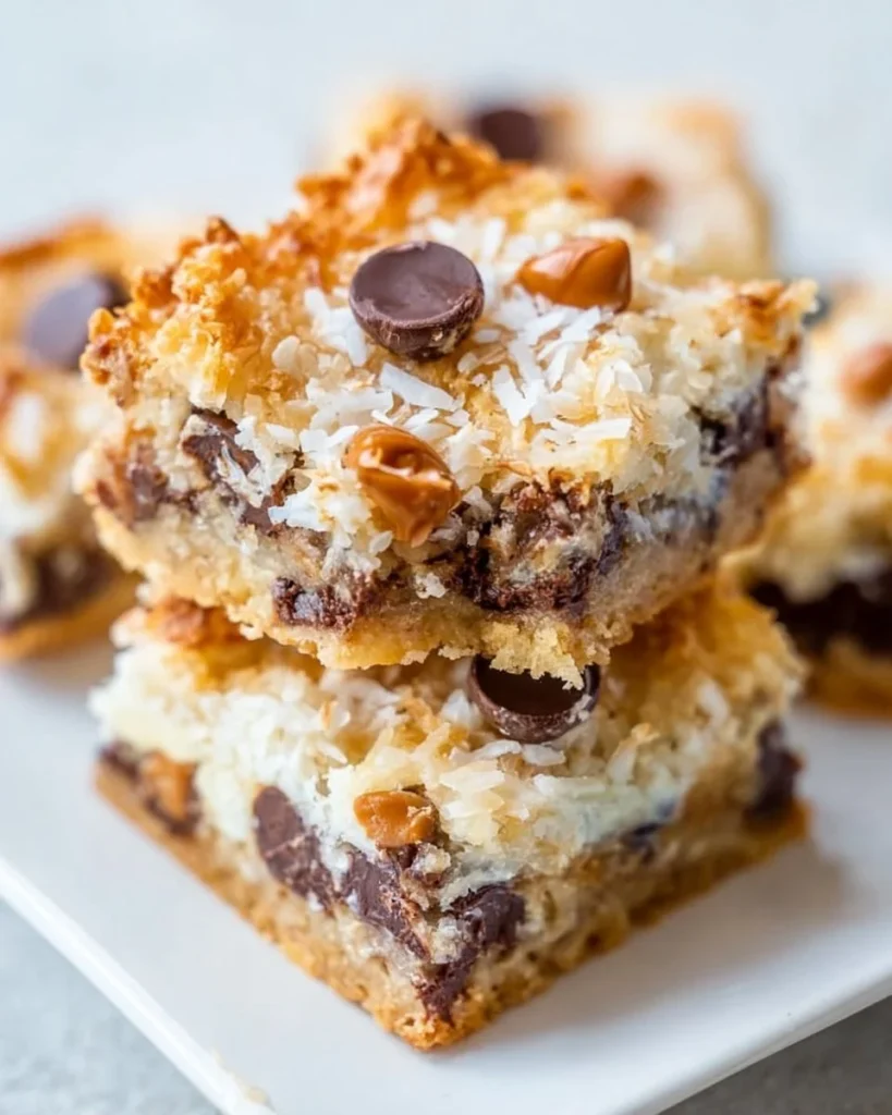 Delicious easy 7 layer bars stacked on a plate.