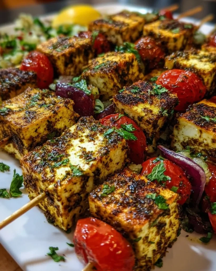 Grilled Za’atar Tofu Skewers with vegetables on a barbecue grill