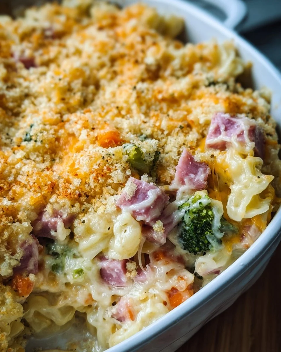 Delicious ham casserole served on a plate, perfect for family meals.