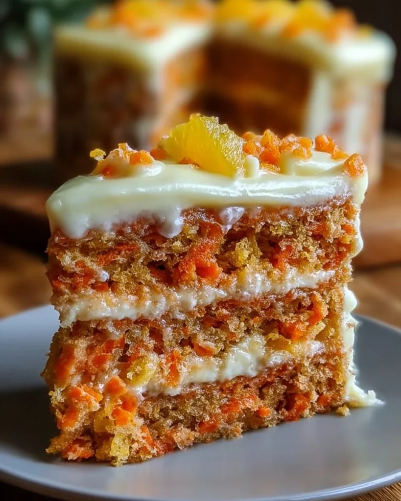 Slice of Hawaiian Carrot Pineapple Cake topped with cream cheese frosting