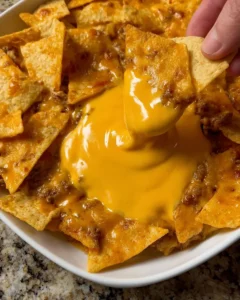 Bowl of homemade nacho cheese with tortilla chips