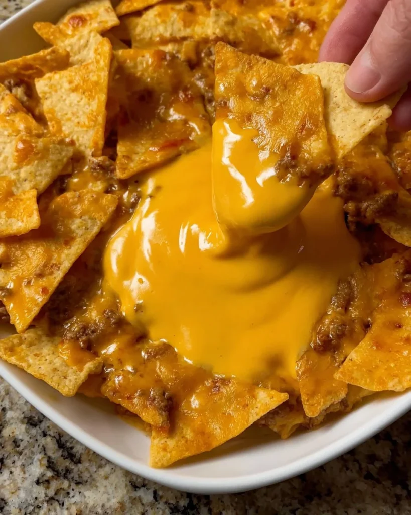 Bowl of homemade nacho cheese with tortilla chips