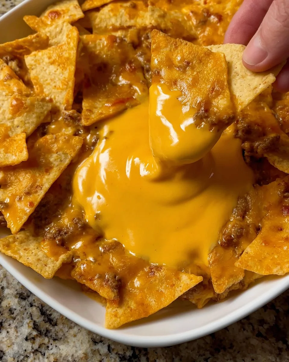 Bowl of homemade nacho cheese with tortilla chips